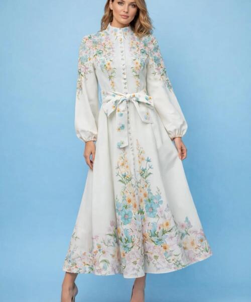 Pastel Garden Button Down Maxi Dress - White / Multi Floral