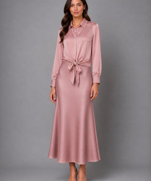 Dusty Pink Satin Tie-Front Shirt