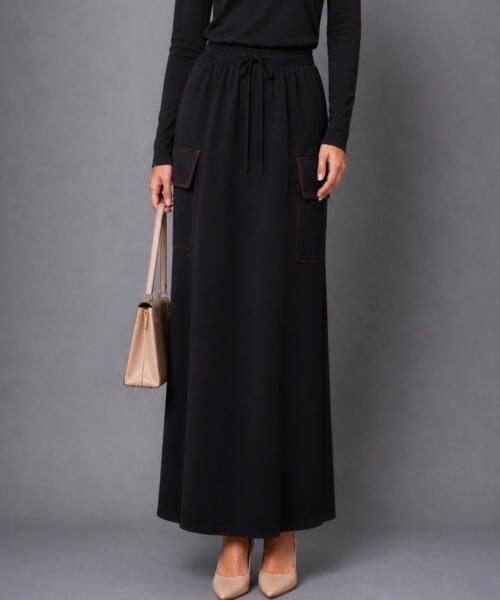 Black Maxi Skirt with Pink Stitching