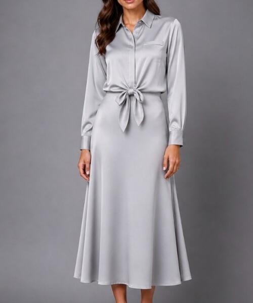 Silver Satin Tie-Front Shirt
