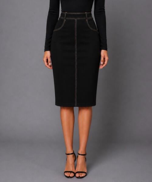 Black Knee Length Stitch Skirt