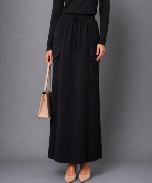 Black Maxi Skirt with Pink Stitching