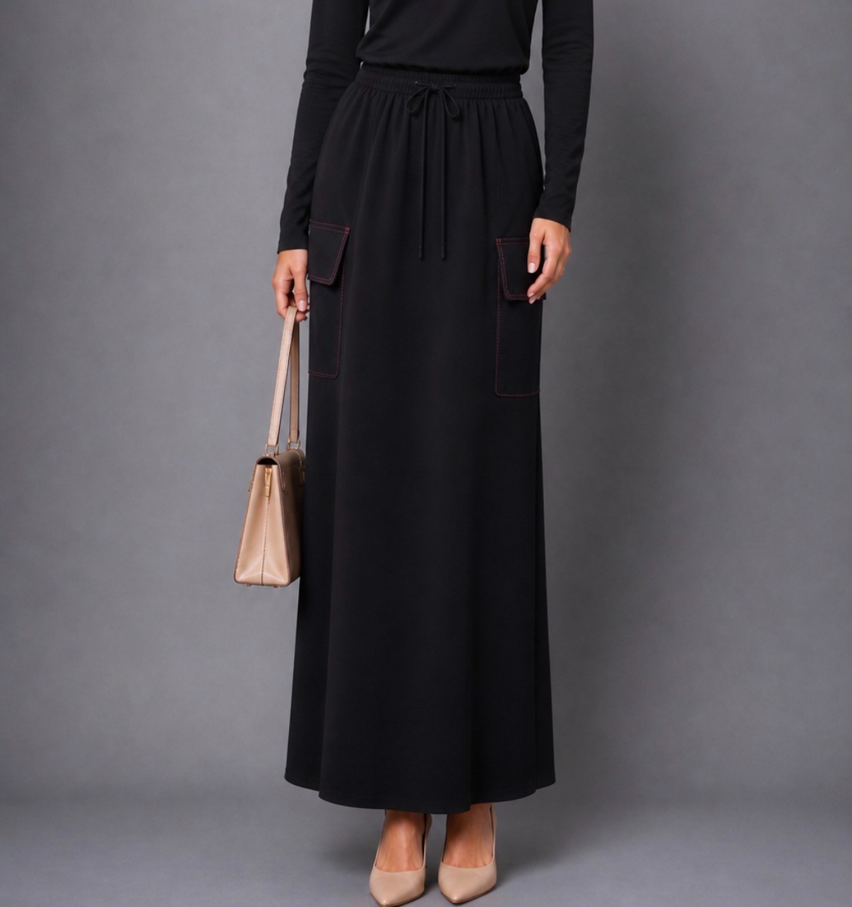 Black Maxi Skirt with Pink Stitching