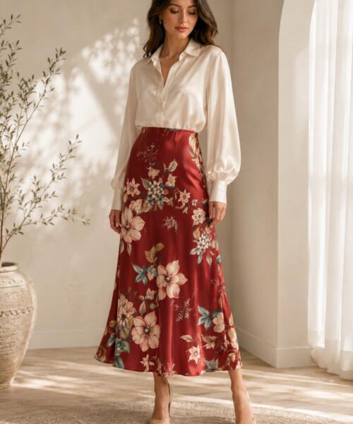 Burgundy Bloom Satin Skirt