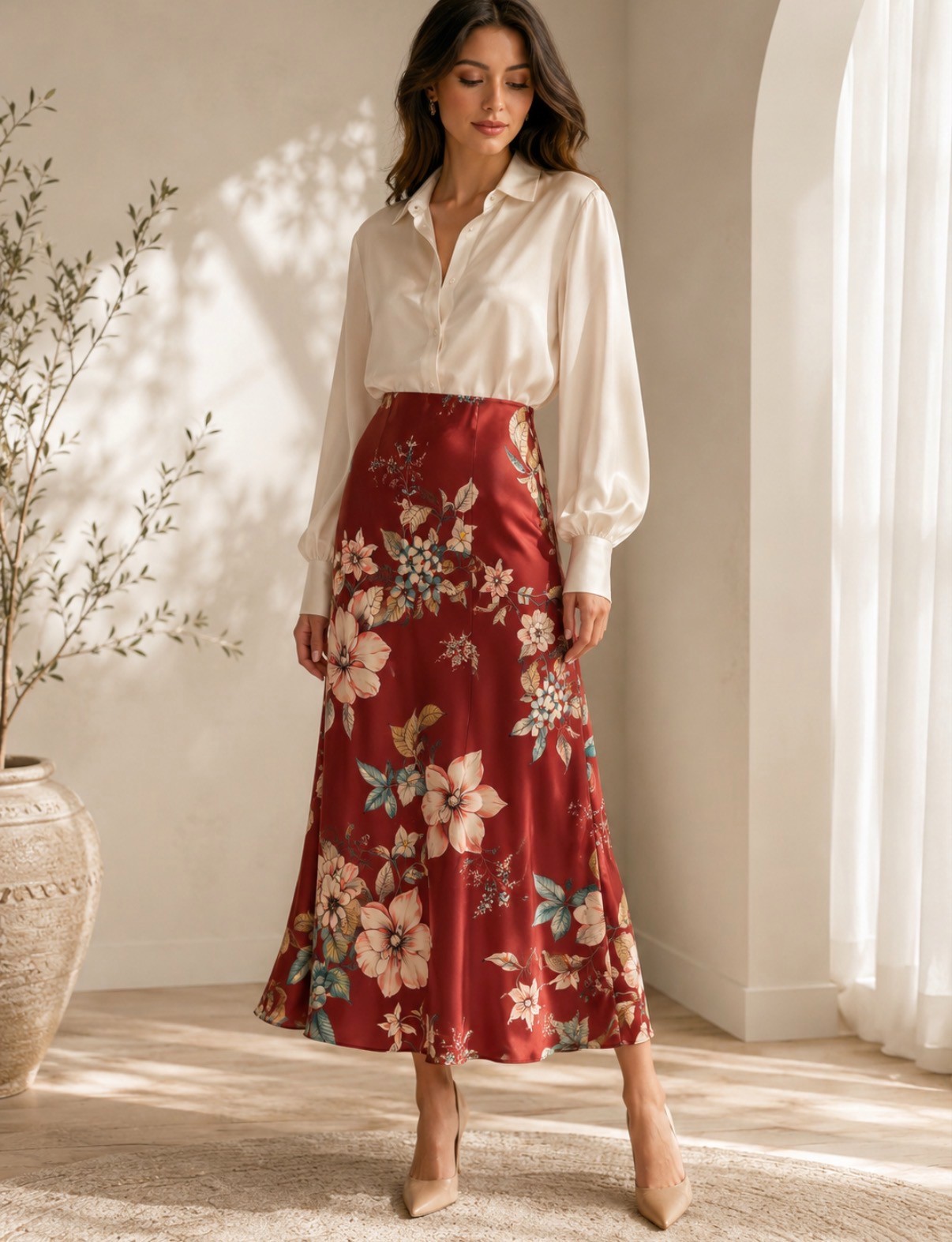 Burgundy Bloom Satin Skirt