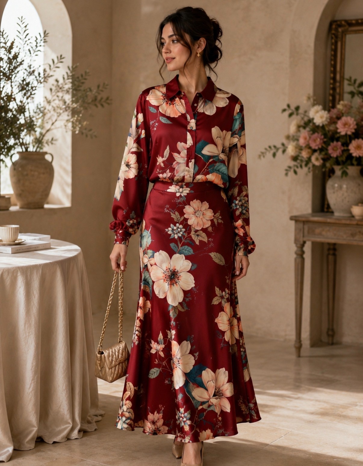 Burgundy Bloom Satin Skirt - Image 2