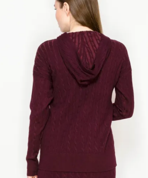 Cable Knit Burgundy Hooded Sweater