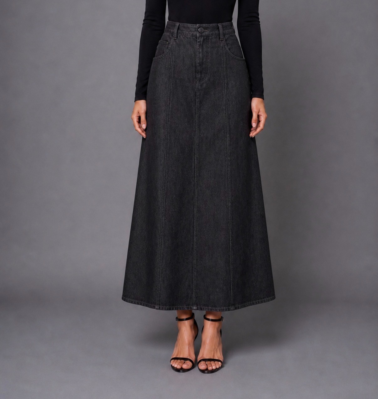 Classic Black Denim Maxi Skirt