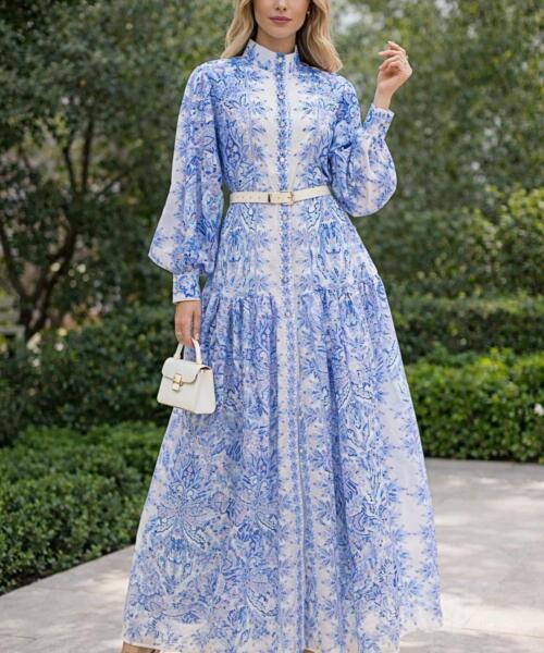 Cloud Wash Belted Maxi Shirt Dress - White/Blue