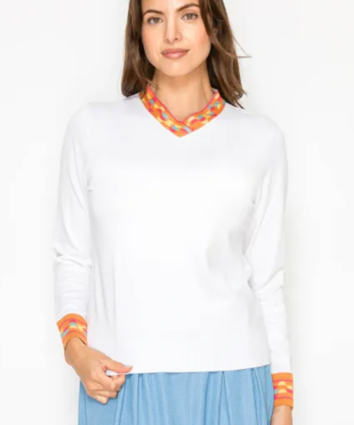 Contrast Neck And Cuff V SWTR-White