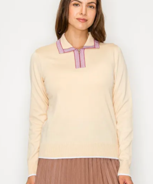 Contrast Tipped Collar Zip Swtr-Beige
