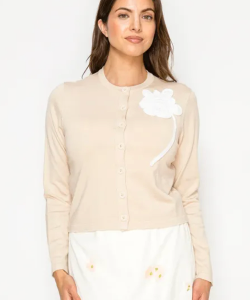 Cropped Floral Cardigan-Beige