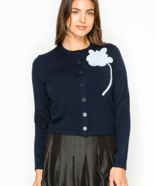 Cropped Floral Cardigan-Navy