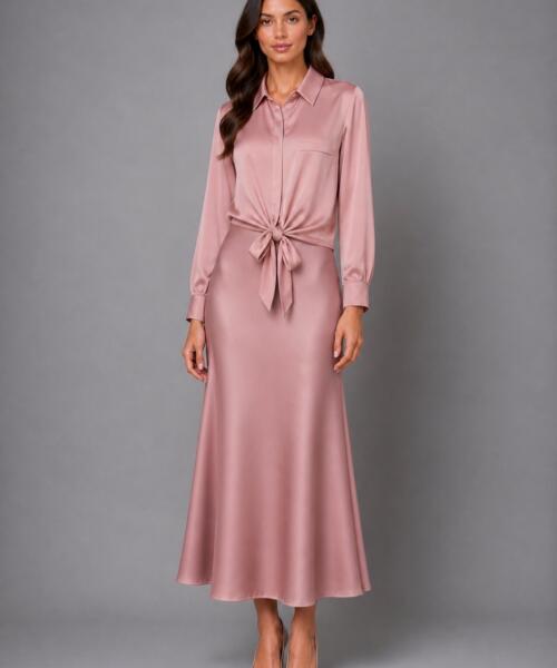 Dusty Pink Satin Tie-Front Shirt