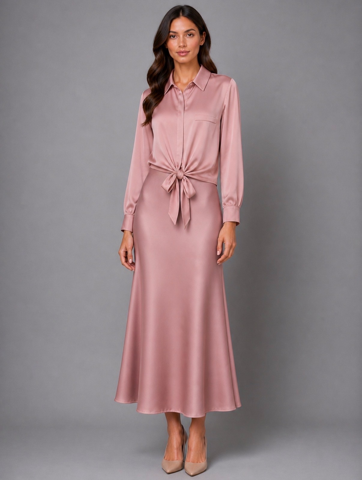 Dusty Pink Satin Tie-Front Shirt