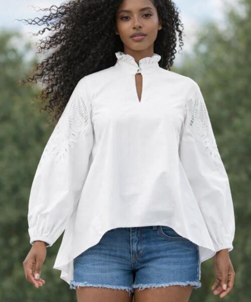 Eyelet Sleeve High-Low Cotton Blouse - White