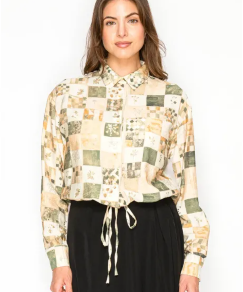 Green Patchwork Button Down Blouse