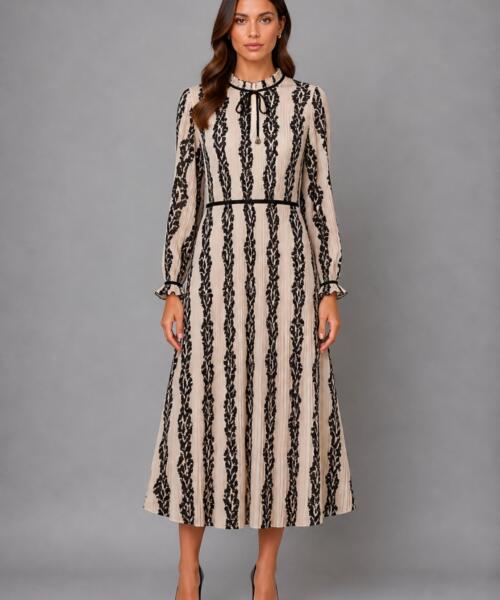Monochrome Bloom Pleated Dress
