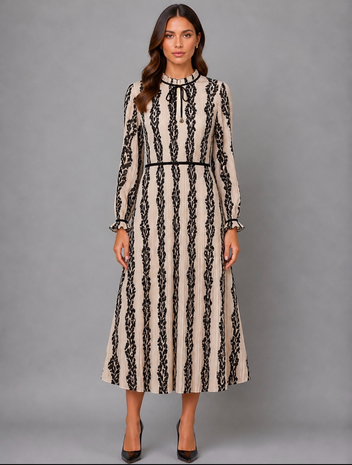 Monochrome Bloom Pleated Dress