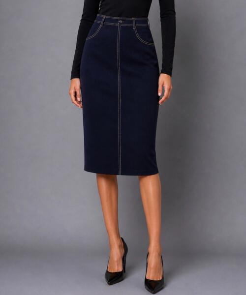 Navy Knee Length Stitch Skirt