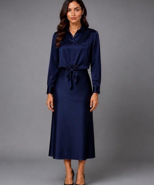 Navy Satin Tie-Front Shirt