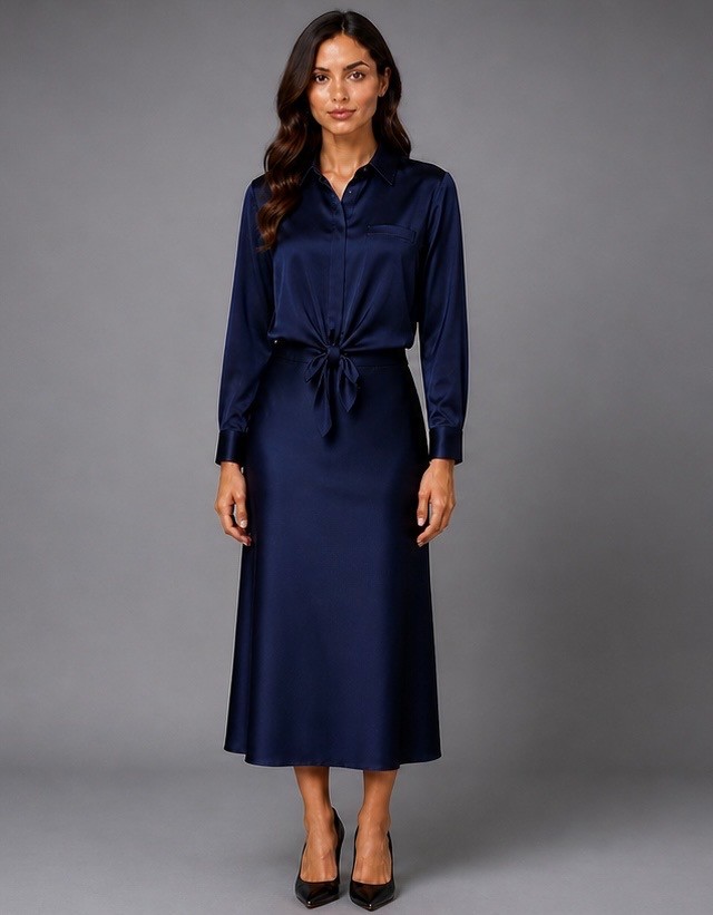 Navy Satin Tie-Front Shirt