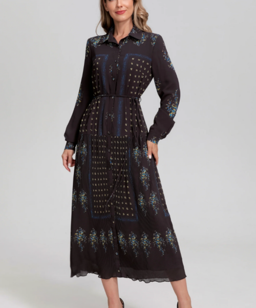 Noir Mosaic Button-Front Midi Dress