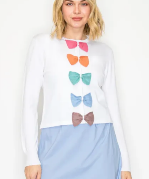 Rainbow Bow White Knit Sweater