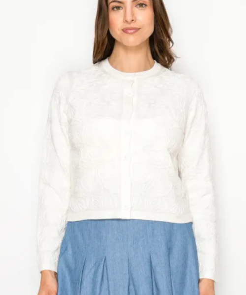 Rope Stitch Floral Cardigan-White