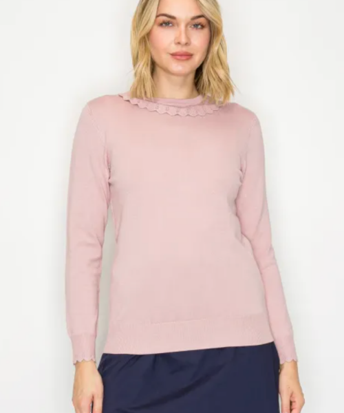 Scalloped Neck Sweater-Pink