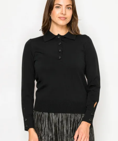 Shiny Button Collar And Cuff Sweater-Black