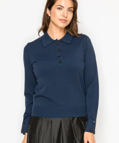 Shiny Button Collar And Cuff Sweater-Navy