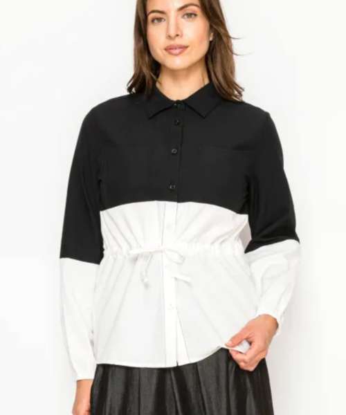 Two Tone Shirt Cinch Waist- Black/White