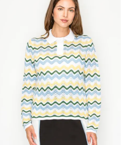 Wave Print Polo Sweater- Yellow