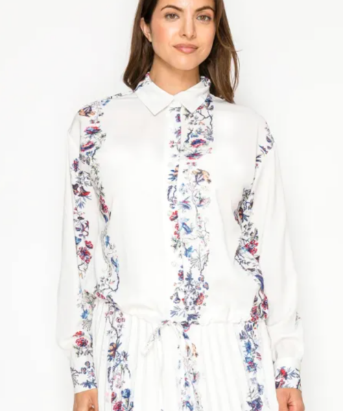 White Floral Stripe Button Down Blouse